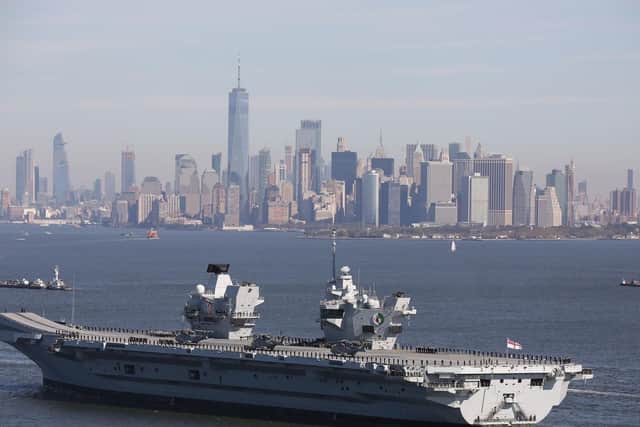 HMS Queen Elizabeth spent a week anchored in the Hudson River in view of Manhattan and the iconic New York skyline. Picture: PA Wire