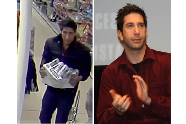 Pictured left, the man captured on CCTV and right, actor David Schwimmer - known for his role as Ross Geller in Friends. Picture: Blackpool Police / PA Wire / Wikimedia Commons (labelled for reuse)