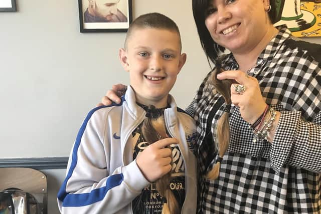 Oliver Parkhurst-Fisher before and after his haircut, left and right, with Pompey's Christian Burgess, pictured centre, and hairdresser 'Ange' from Scott's Barbers. Picture: Sally Parkhurst / Joe Pepler