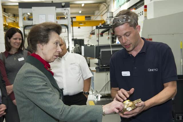 The Princess Royal meets technician Lee Bodenham at QinetiQ in Gosport on October 25.