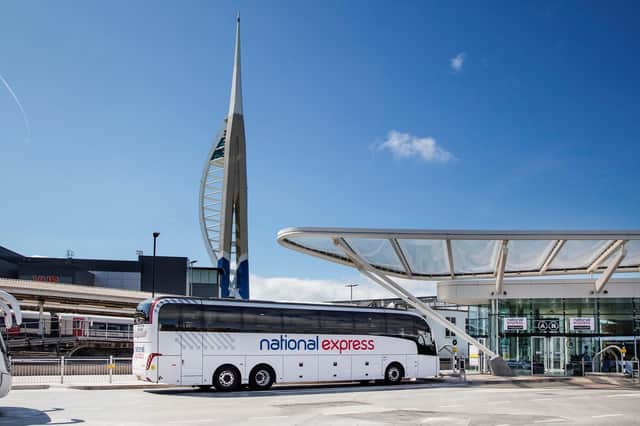 A National Express coach, operated by Lucketts, at The Hard Interchange in Portsmouth