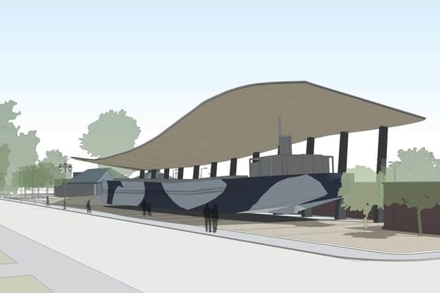 Artist impression of final resting place of The National Museum of the Royal Navy's LCT 7074 outside the D-Day Story, Southsea. Picture: Pritchard Architecture