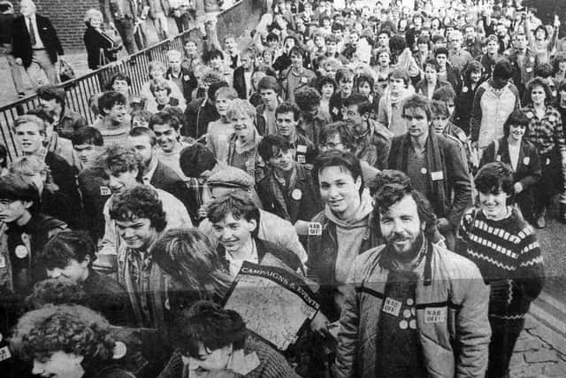 Portsmouth Polytechnic students marching through Commercial Road in 1983.