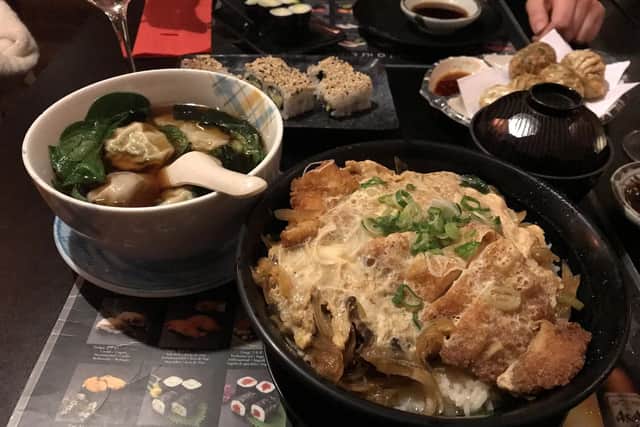 Left, the prawn gyoza soup and right, the chicken katsu don