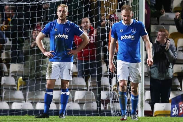 Jack Whatmough and Matt Clarke look stunned after Pompey concede a second at Bradford back in April. Picture: Joe Pepler/ PinPep