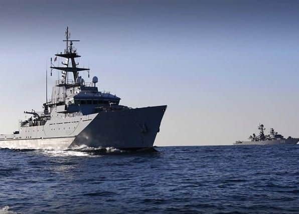 HMS Tyne shadowing the Russian frigate  the Yaroslav Mudry. Photo: Royal Navy