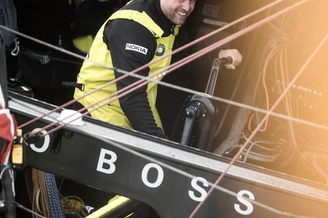 British yachtsman Alex Thomson pictured here in action onboard his IMOCA Open60 race yacht 'Hugo Boss' at the start of the race
Photo credit - Lloyd Images