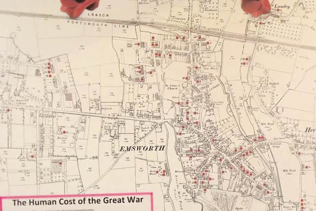 A map with poppys placed where family losses occurred in Emsworth during the First World War.