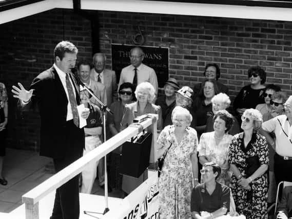 Comedian Rory Bremner addresses the crowd during the handing over ceremony at The Rowans Hospice, Purbrook in August 1994