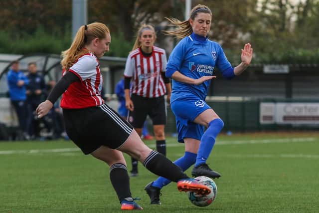 Ellie Kirby challenges for the ball against Brentford. Picture: Jordan Hampton