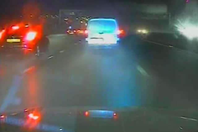 Pictured: Police dashcam footage showing the police trying to pull Mark Hilden over while he was driving the van.A van driver high on cannabis was today jailed after he led police on a 117mph chase with a one-year-old child sat on his partner's lap in the passenger seat.  Mark Hilden, 24, was more than three times over the drug-drive limit when he tried to dangerously escape police at high speeds on a busy motorway in the pouring rain.  A court heard today a baby girl was at risk of 'extremely serious injury or worse' as she was being held by Hilden's girlfriend in the passenger seat of the white Citron Berlingo.A judge condemned Hilden - who has never passed a driving test and initially accused his partner of being the driver - for 'putting yourself before the safety of the child'.  The reckless driver tried to escape police for more than five miles on the M27 by Southampton, Hants, before he smashed into a police car and a Peugeot 207 when he tried to exit the busy motorway.    SEE OUR COPY FOR DETAILS.Please byline: Hampshire Police/Solent News Hampshire Police/Solent News & Photo AgencyUK +44 (0) 2380 458800