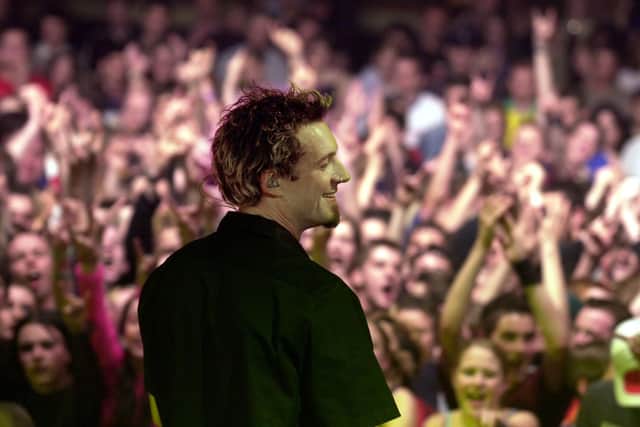 Pitchshifter lead singer JS Clayden performs to fans at the Breeze 2002 Festival in Leeds Town Hall. June 29, 2002. Picture by Tony Johnson