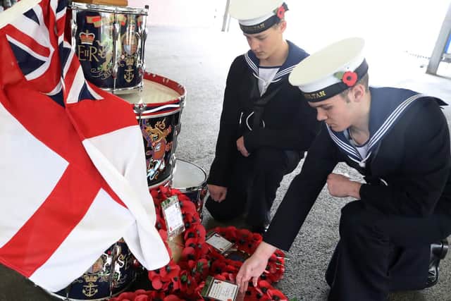 Pictured back to front ET Puffett and AET Rochelle at HMS Sultan's drumhead ceremony. Photo: Royal Navy