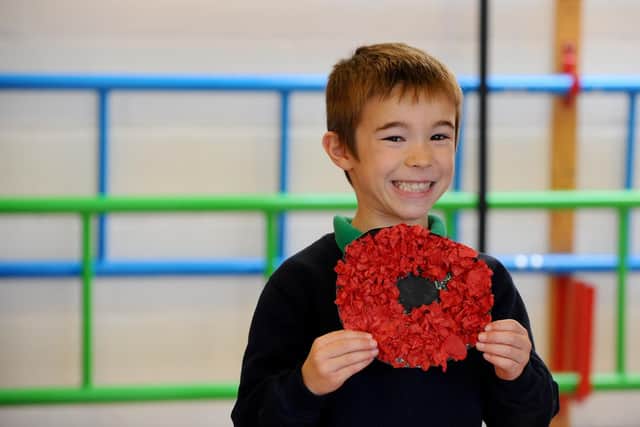 Liam Humphry, seven, with a poppy he made.
Picture: Sarah Standing (180819-8054)