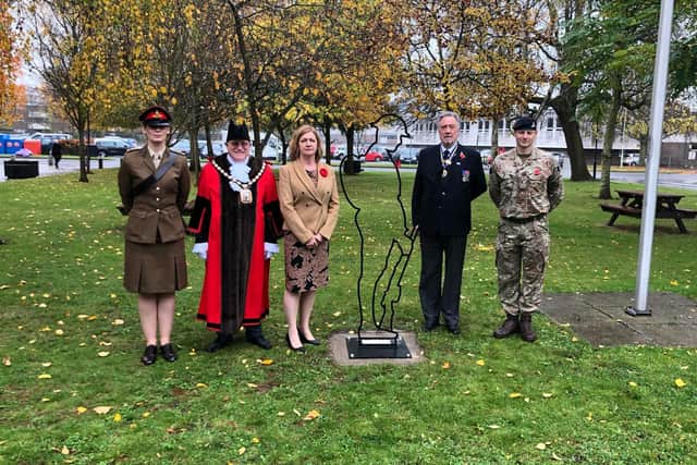 Representatives from the 16th Regiment Royal Artillery with Mayor of Havant Councillor Peter Wade, Havant Borough Council's chief executive Sandy Hopkins and Councillor Ken Smith