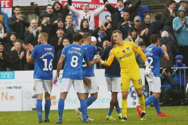 Pompey celebrate the FA Cup win over Maidenhead United