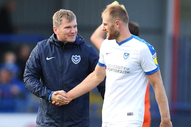 Joe Gallen with Pompey scorer Matt Clarke at Rochdale. Picture: Joe Pepler