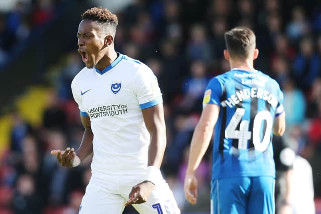 Jamal Lowe celebrates his goal at Rochdale. Picture: Joe Pepler