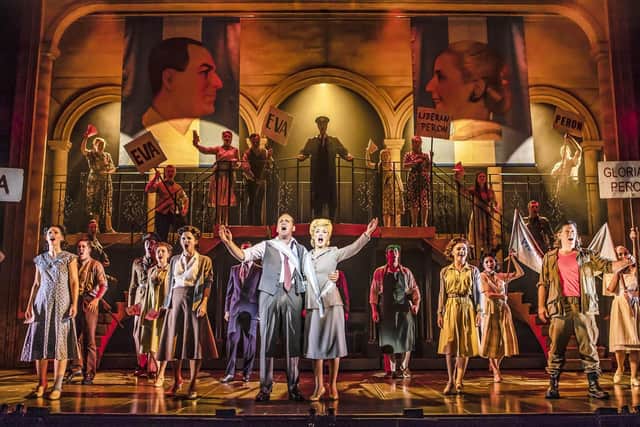 Mike Sterling as Juan Peron and Lucy O'Byrne as Eva Peron, centre left and right in Evita. Picture by Pamela Raith