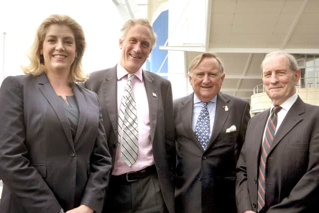 Left to right, Penny Mordaunt with Julian Brazier MP, Rear Admiral Roger Lane-Nott and Major-General Julian Thompson in Portsmouth during the 2016 Brexit campaign
Pic Mick Young
11/06/2016