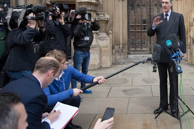 Conservative MP Hacob Rees-Mogg speaking outside the House of Parliament after he handed in a letter of no-confidence to Sir Graham Brady, over Theresa May as PM. Photo: PA