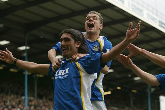 Pedro Mendes celebrates scoring with Andres D'Alessandro