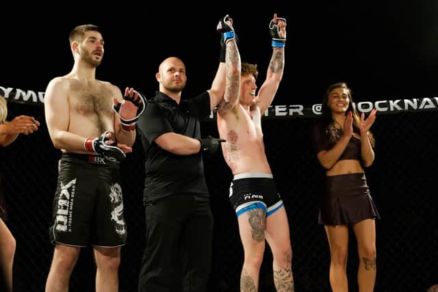 Kye Stevens celebrates his win at Shock N Awe 27. Picture: Neil Marshall (180423-035)