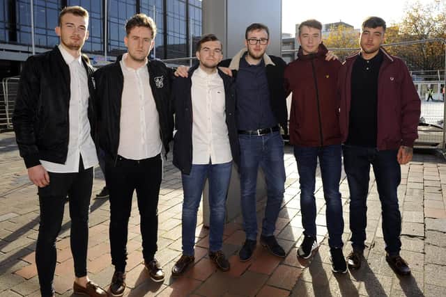 Friends of Tommy Cowan outside the coroner's court. Pictured left to right: Mason Burton, Oliver Joel, Jack Ryder, Bailey Ayling, Charlie Laker and Lewis Behrins
Picture by: Malcolm Wells (181114-