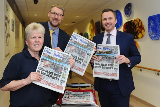 From left, QA newspaper seller Marion Emery, editor of The News Mark Waldron and chief executive of Portsmouth Hospitals NHS Trust Mark Cubbon
Picture: Sarah Standing (180833-1207)