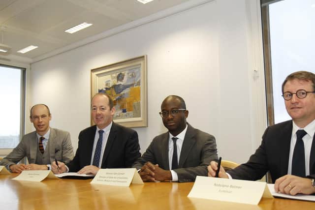 UK Space Agency CEO Graham Turnock, Niclolas Chamussy of Airbus, minister for universities and science Sam Gyimah and Rodolphe Belmer of Eutelsat at the signing of the deal