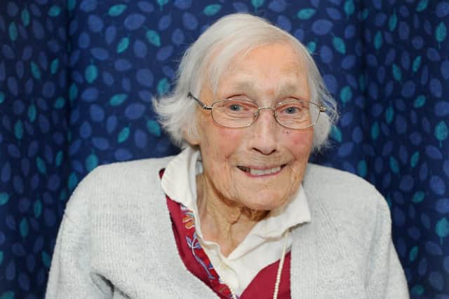 The 106-year-old birthday girl May Edney smiles for the camera. Picture: Sarah Standing (180829-100)