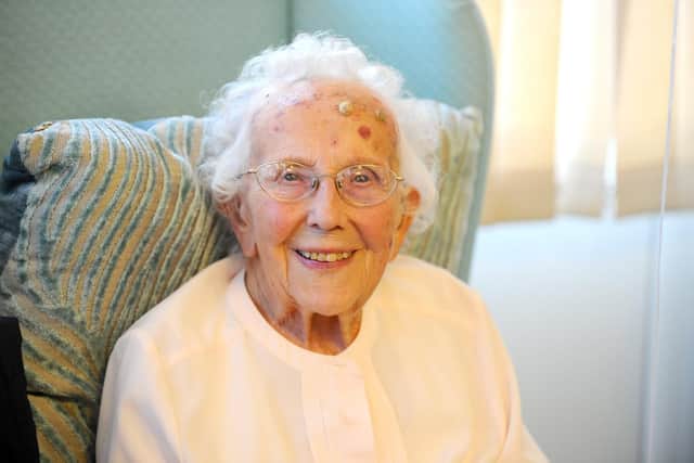 Gladys Winkworth grins on her 101st birthday. Picture: Sarah Standing (180829-8598)