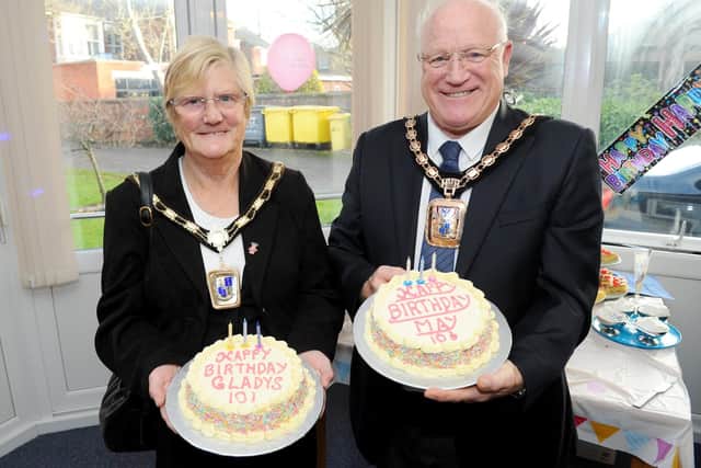The Mayoress and Mayor of Havant Janet and Peter Wade pose with the birthday cakes. Peter, who is a master baker, made special cakes for the birthday girls. Picture: Sarah Standing (180829-63)