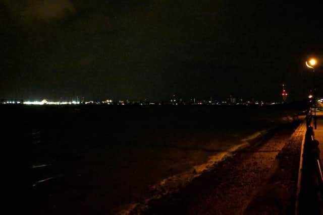 Portsmouth in the black out yesterday - Spinnaker Tower with red lights on right.
Picture: Craig Randall of Port Solent.