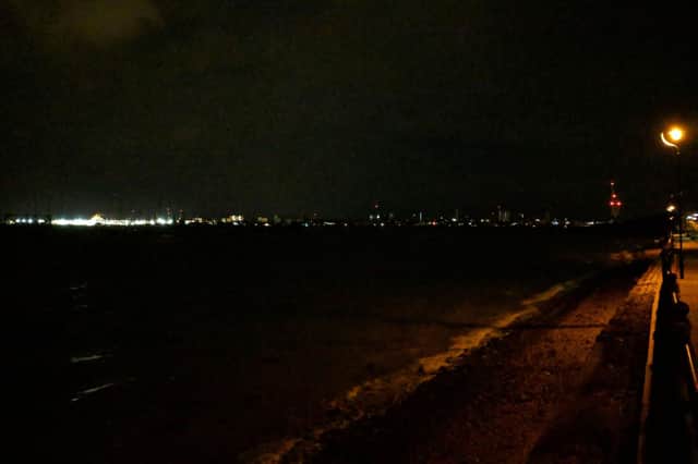 Portsmouth in the black out yesterday - Spinnaker Tower with red lights on right.
Picture: Craig Randall of Port Solent.