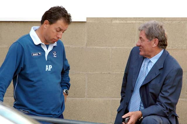 Former Pompey chairman Milan Mandaric, right, and ex-boss Alain Perrin.