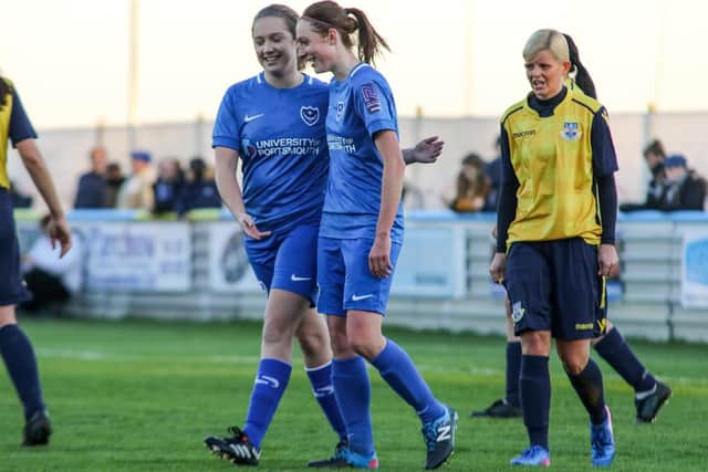 Rachel Panting (right) celebrates a goal in Pompey Women's Hampshire Cup victory over Eastleigh. Picture: Jordan Hampton