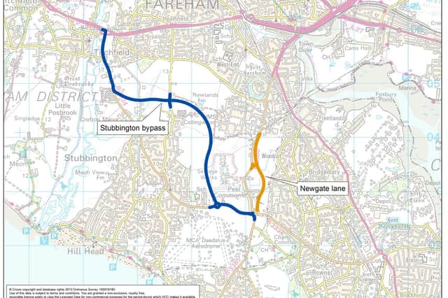 The proposed route for the Stubbington Bypass, in blue. Picture: Hampshire County Council