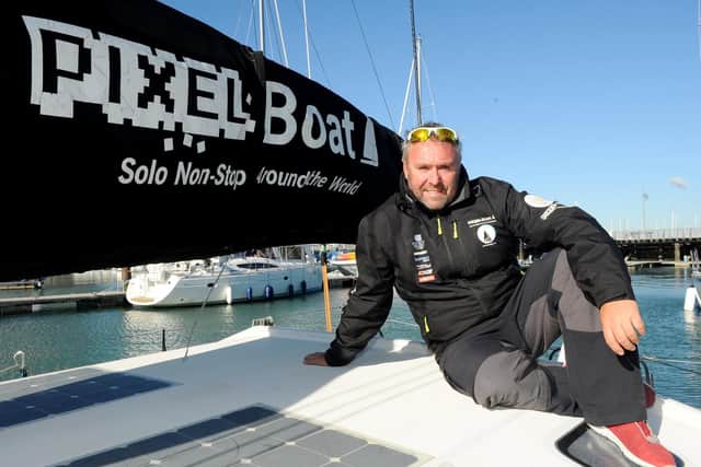 Alex Alley is taking on the challenge of sailing solo, non-stop, around-the-world solo on his vessel the Pixel Flyer. Picture: Sarah Standing