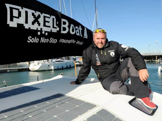 Alex Alley is taking on the challenge of sailing solo, non-stop, around-the-world solo on his vessel the Pixel Flyer. Picture: Sarah Standing