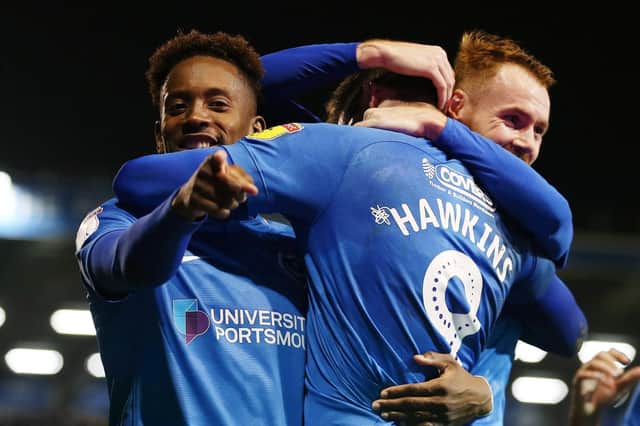 Pompey celebrate during the win against Walsall. Picture: Joe Pepler