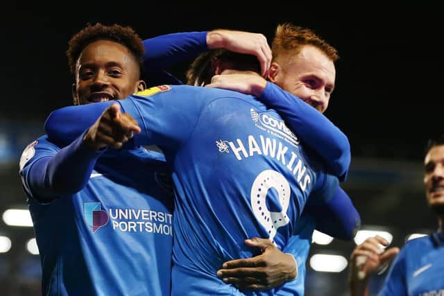 Pompey celebrate Oli Hawkins' opening goal. Picture: Joe Pepler