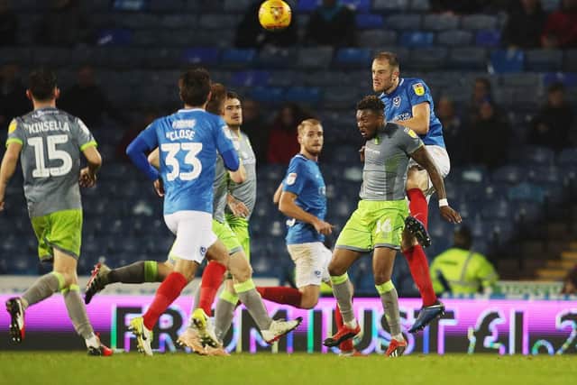 Matt Clarke wins a header for Pompey. Picture: Joe Pepler