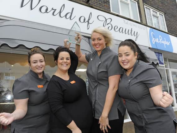 Staff at World of Beauty in Lee-on-Solent celebrate after winning the News Salon of the Year competition. Serena Mellish holds the award with (l to r),  Donna Edwards, Michelle Farmer, Jane Buttriss. Picture Ian Hargreaves