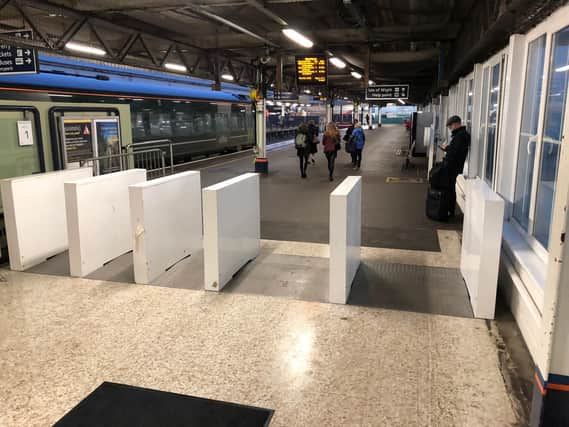 A barrier installed at Portsmouth Harbour train station