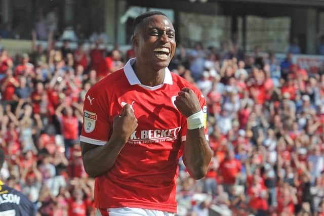 Victor Adeboyejo celebrates scoring against Oxford United. Picture Tony Johnson.