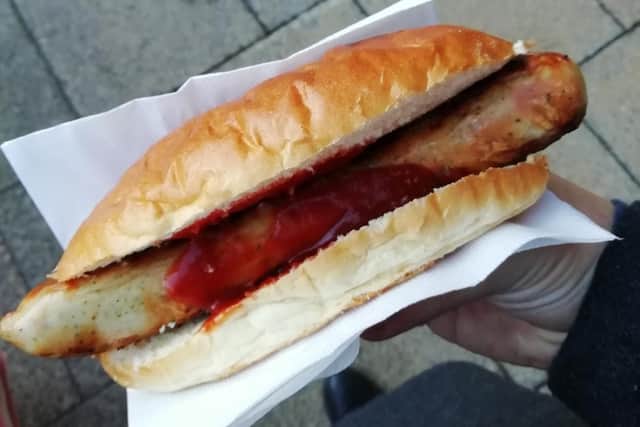 A bratwurst sausage from the Commercial Road Christmas market