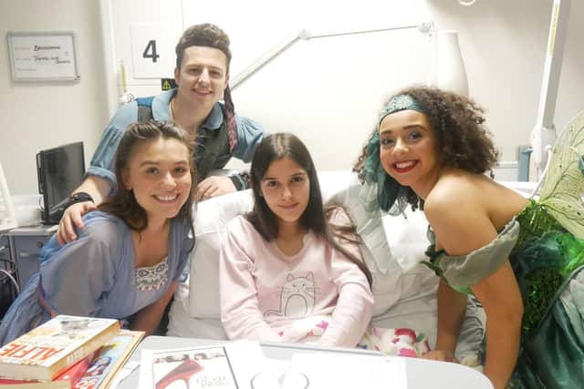 Belladonna Galea, 14, meeting the Peter Pan cast - Yasmine Gazzal as Tinkerbell, Sam Bailey as Peter Pan and Hannah McIver as Wendy. Picture: Habibur Rahman