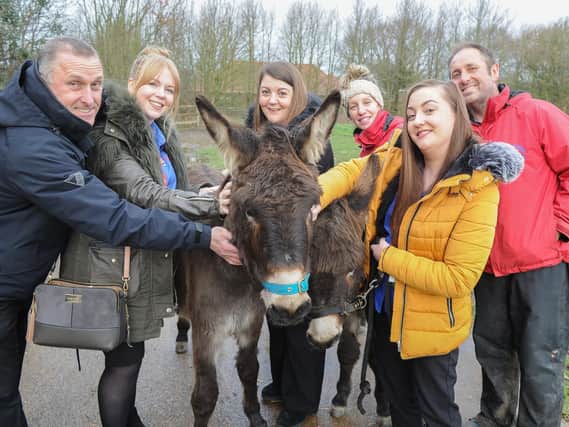 Cherry team, Nigel Rolfe, Emily Upton, Jade Thomas and Katie Fitzpatrick with Tracey and Paul Hunt of Hayling Island Donkey Sanctuary and two donkeys. Picture: Habibur Rahman