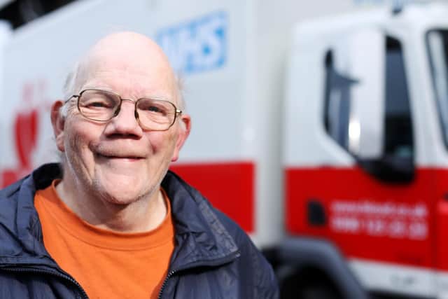 Richard Pavey, 64, gave his 100th pint of blood at the Victory Lounge, Fratton Park. Picture: Chris Moorhouse